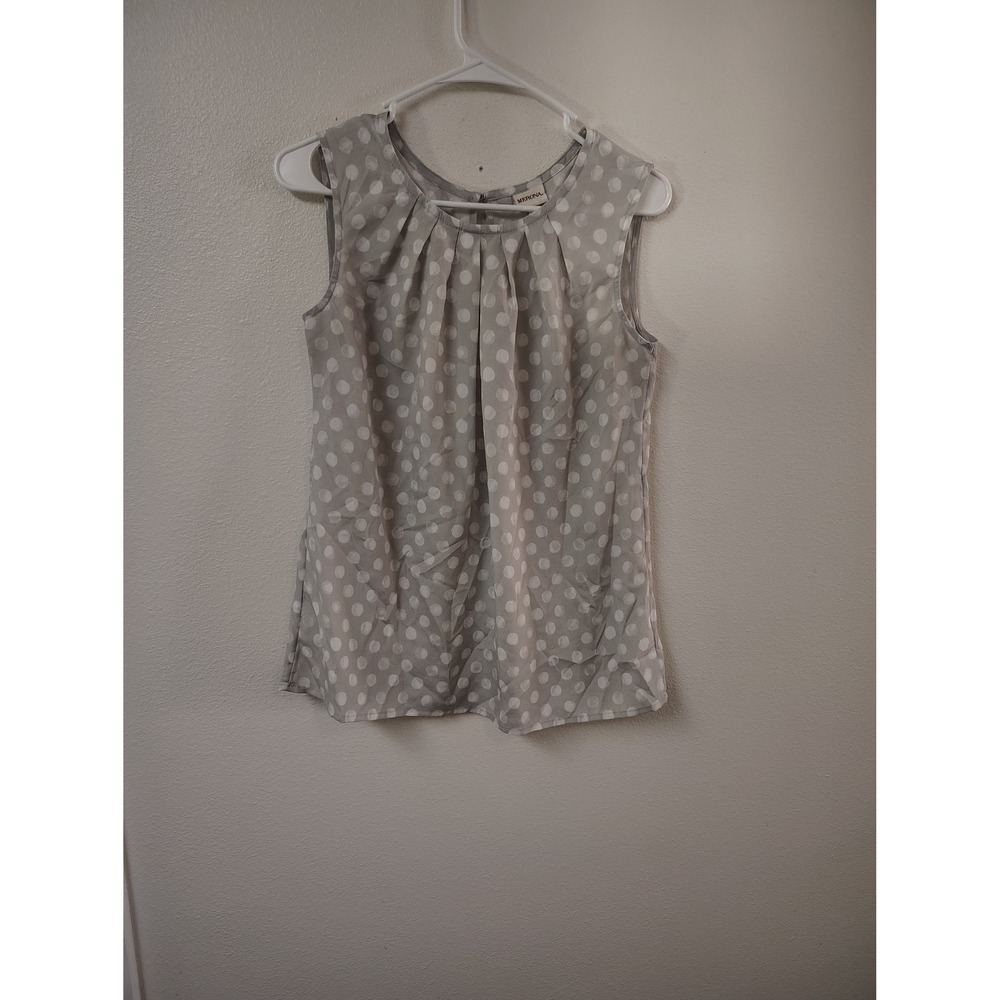 Merona Womens Gray White Polka Dot Pleated Sleeveless Shell Blouse Small S/P